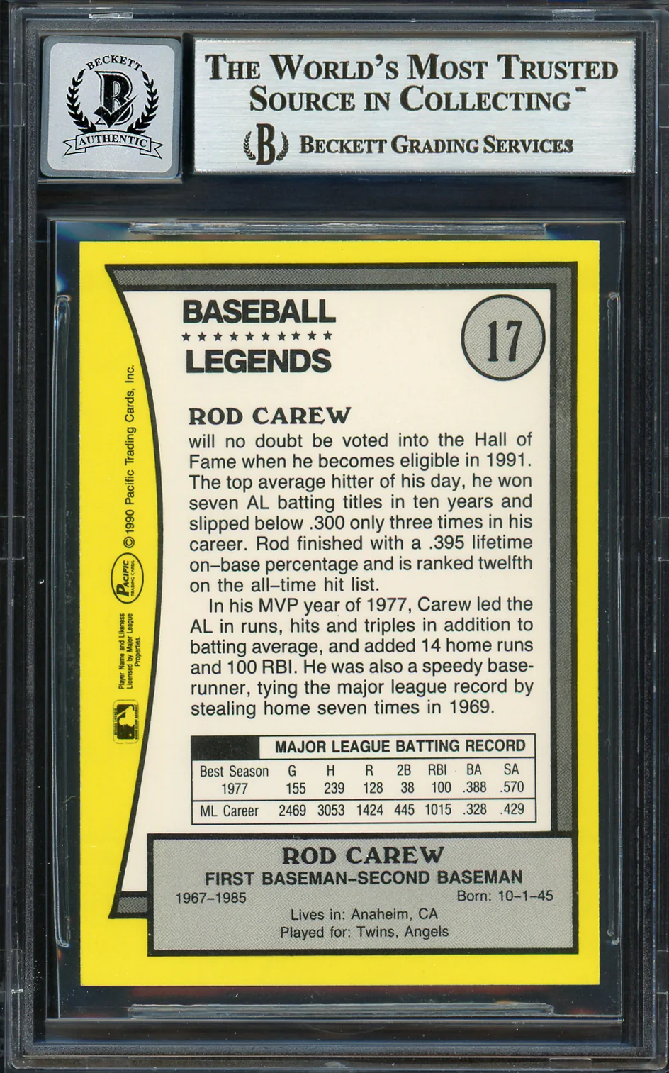 Rod Carew Autographed 1990 Pacific Card #17 Minnesota Twins Auto Grade Gem Mint 10 Beckett BAS #12751624 - Image 2