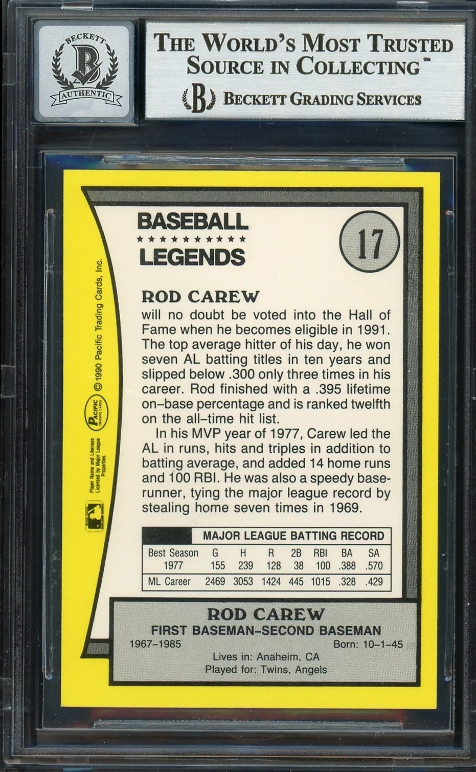 Rod Carew Autographed 1990 Pacific Card #17 Minnesota Twins Auto Grade Gem Mint 10 Beckett BAS #12751625 - Image 2