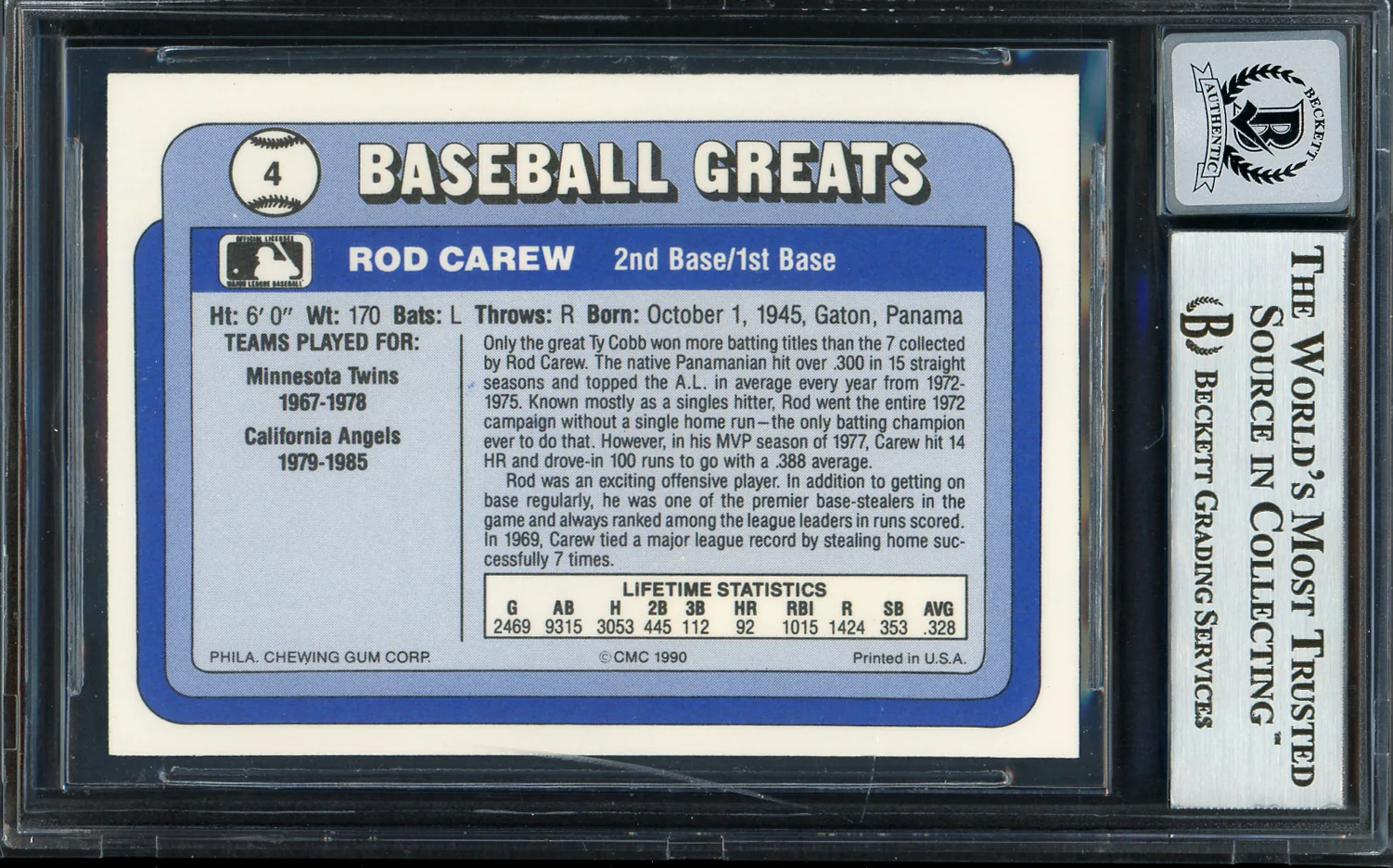 Rod Carew Autographed 1990 Swell Card #4 Minnesota Twins Auto Grade Gem Mint 10 Beckett BAS Stock #192691 - Image 2