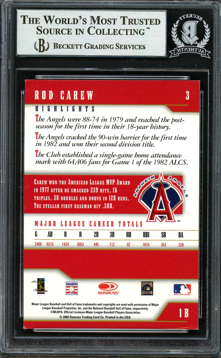 Rod Carew Autographed 2002 Donruss Team Heroes Card #3 California Angels Beckett BAS #12754112 - Image 2