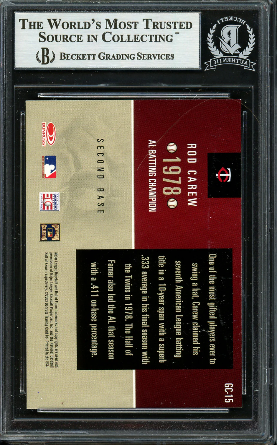 Rod Carew Autographed 2003 Donruss Champions Card #GC-15 Minnesota Twins Beckett BAS #12754127 - Image 2