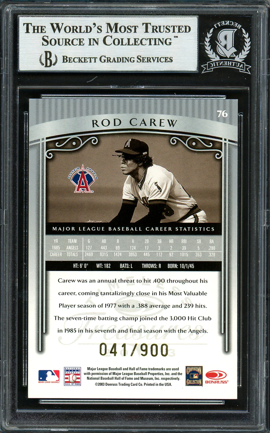 Rod Carew Autographed 2003 Donruss Timeless Treasures Card #76 California Angels #41/900 Beckett BAS #12754128 - Image 2