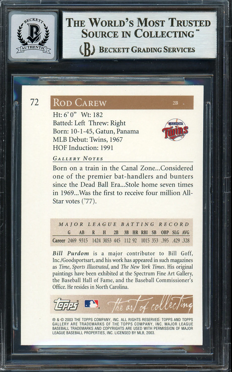 Rod Carew Autographed 2003 Topps Gallery Card #72 Minnesota Twins Auto Grade Gem Mint 10 Beckett BAS Stock #192719 - Image 2