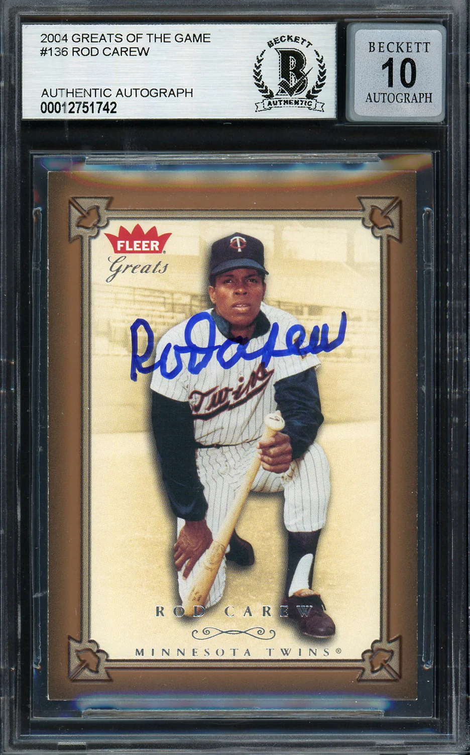 Rod Carew Autographed 2004 Fleer Greats of the Game Card #136 Minnesota Twins Auto Grade Gem Mint 10 Beckett BAS #12751742