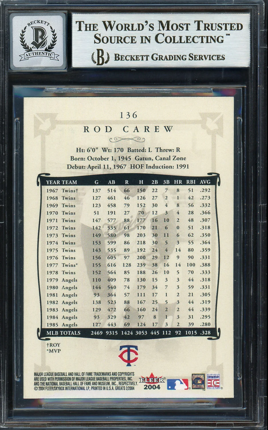 Rod Carew Autographed 2004 Fleer Greats of the Game Card #136 Minnesota Twins Auto Grade Gem Mint 10 Beckett BAS #12751742 - Image 2