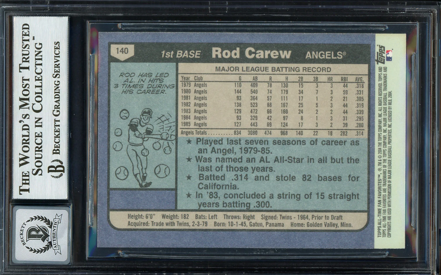 Rod Carew Autographed 2004 Topps All Time Fan Favorites Card #140 California Angels Auto Grade Gem Mint 10 Beckett BAS Stock #192728 - Image 2