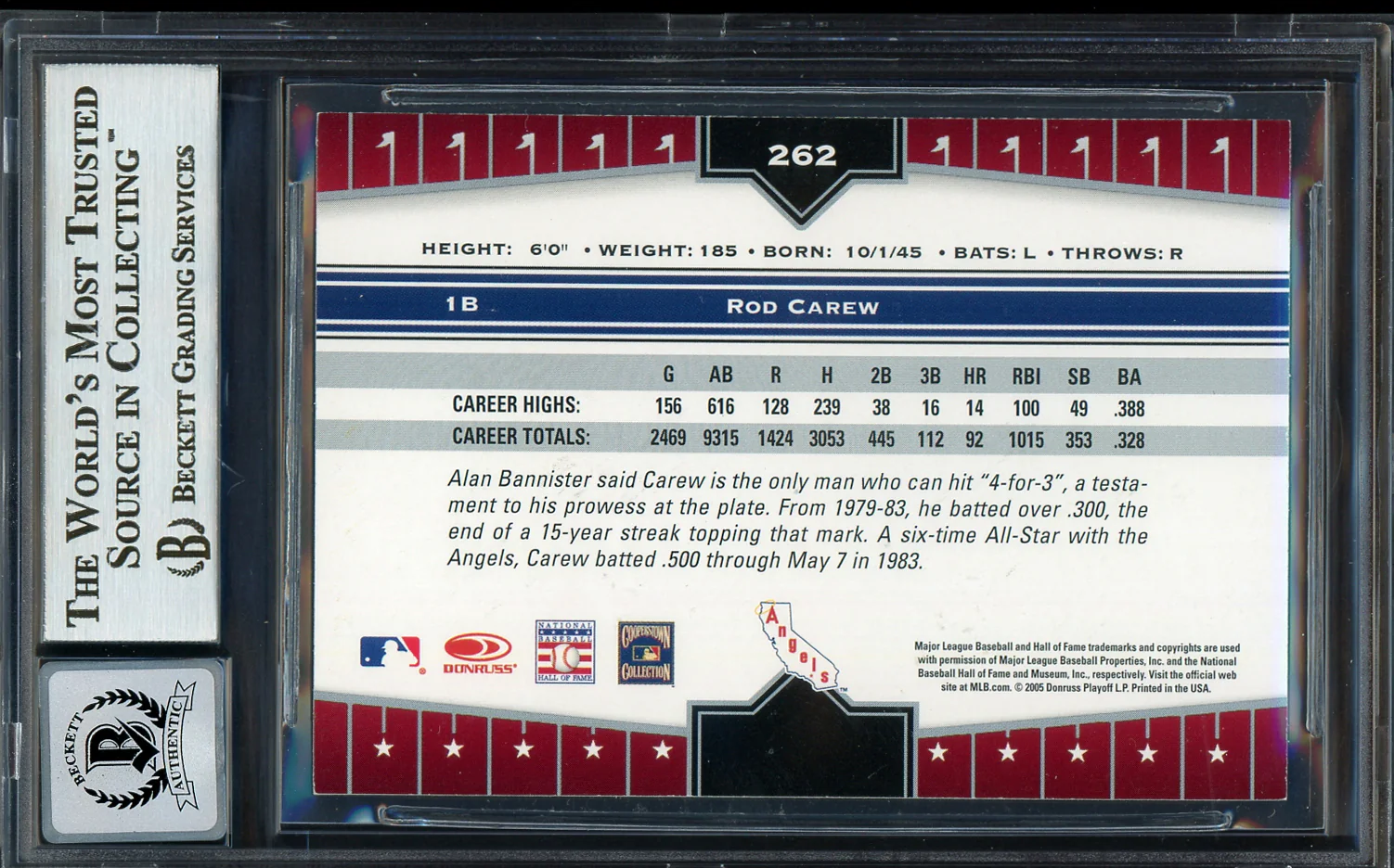 Rod Carew Autographed 2005 Donruss Champions Card #262 California Angels Auto Grade Gem Mint 10 Beckett BAS #12751750 - Image 2
