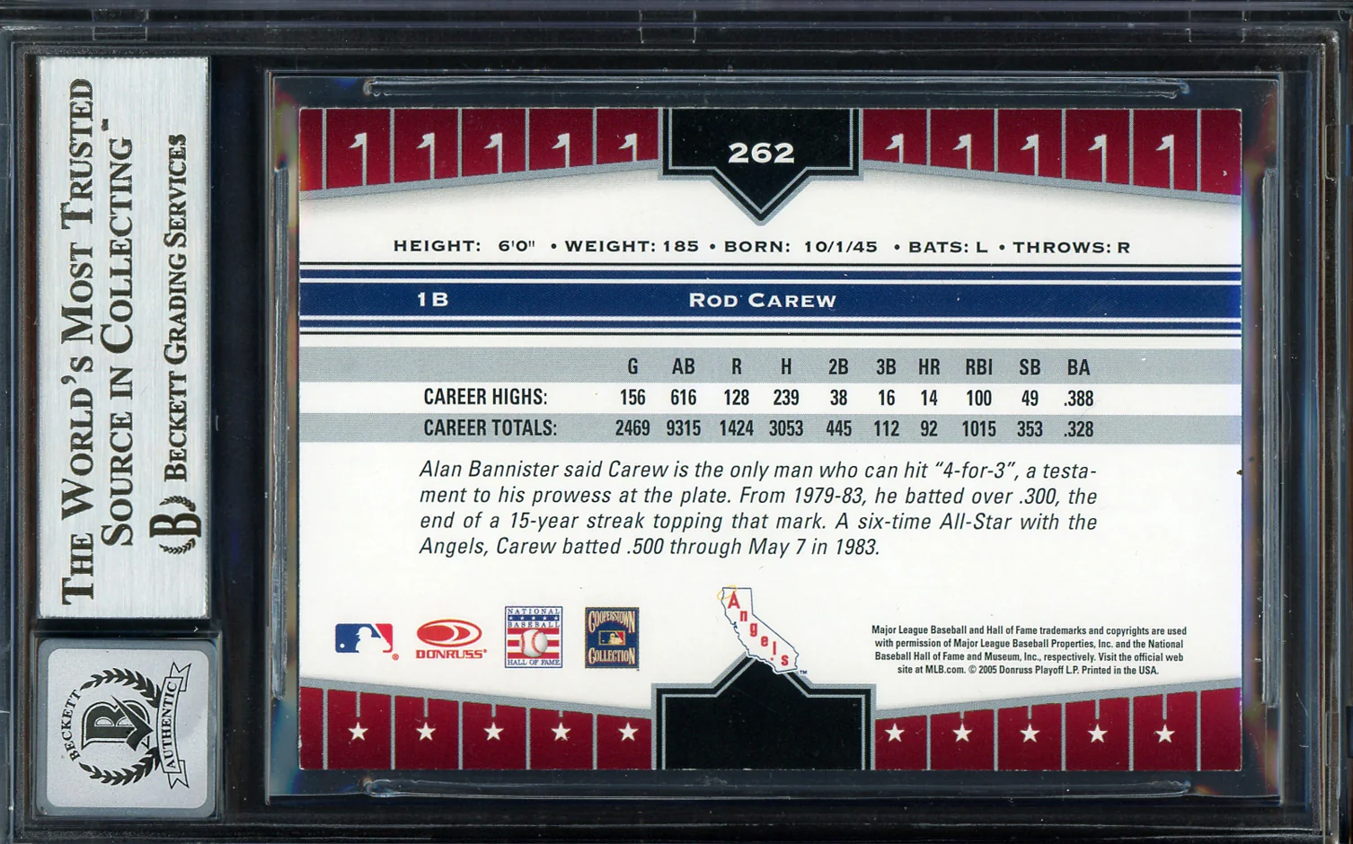 Rod Carew Autographed 2005 Donruss Champions Card #262 California Angels Auto Grade Gem Mint 10 Beckett BAS #12751751 - Image 2