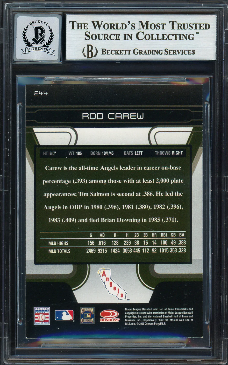 Rod Carew Autographed 2005 Donruss Zenith Card #244 California Angels Auto Grade Gem Mint 10 Beckett BAS #12751756 - Image 2
