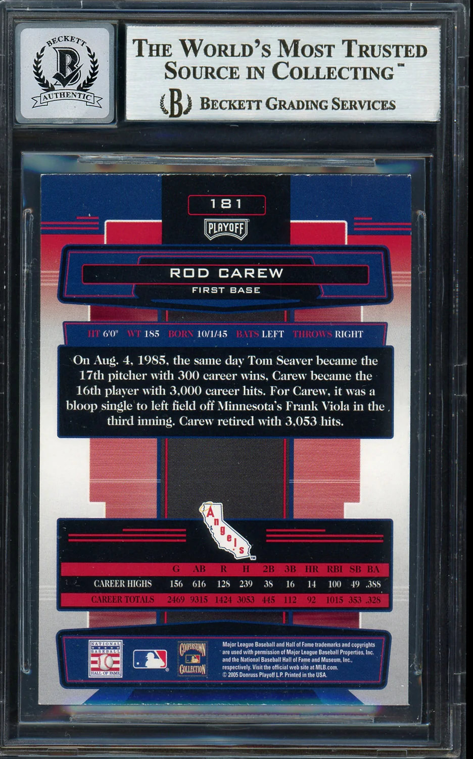 Rod Carew Autographed 2005 Playoff Absolute Card #181 California Angels Auto Grade Gem Mint 10 Beckett BAS #12751758 - Image 2