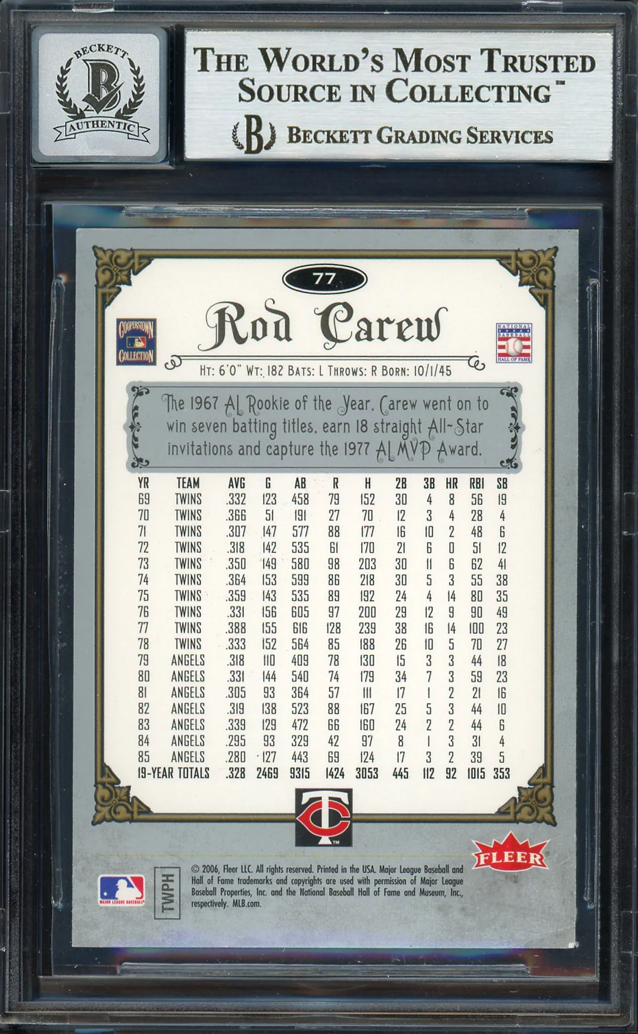 Rod Carew Autographed 2006 Fleer Greats of the Game Card #77 Minnesota Twins Auto Grade Gem Mint 10 Beckett BAS #12751823 - Image 2