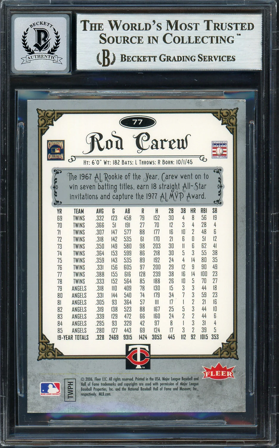 Rod Carew Autographed 2006 Fleer Greats of the Game Card #77 Minnesota Twins Auto Grade Gem Mint 10 Beckett BAS #12751824 - Image 2