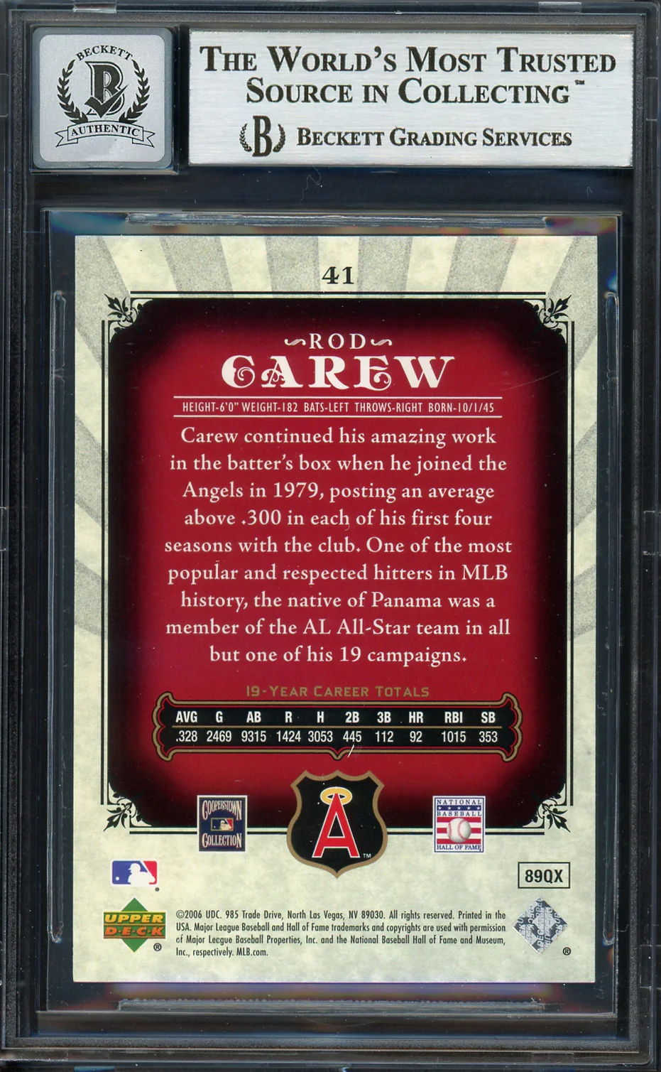 Rod Carew Autographed 2006 SP Legendary Cuts Card #41 California Angels Auto Grade Gem Mint 10 Beckett BAS Stock #192754 - Image 2