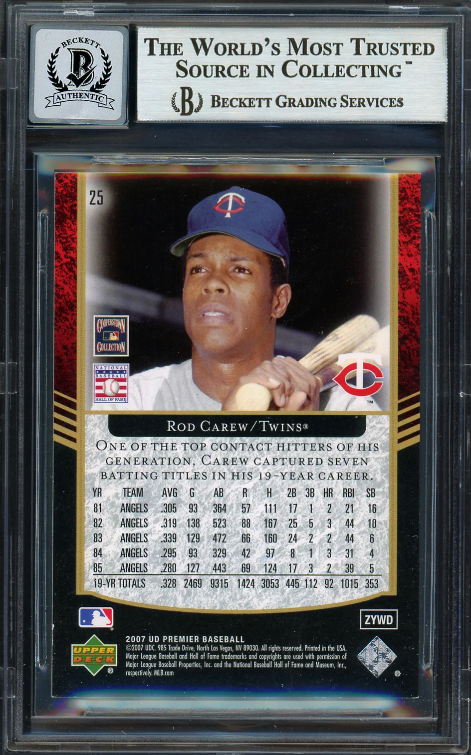 Rod Carew Autographed 2007 Upper Deck Premier Card #25 Minnesota Twins Auto Grade Gem Mint 10 #2/99 Beckett BAS #12751841 - Image 2