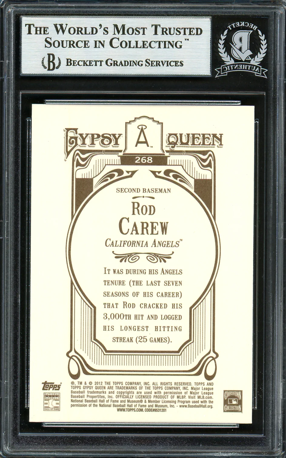 Rod Carew Autographed 2012 Topps Gypsy Queen Card #268 California Angels Beckett BAS Stock #193343 - Image 2