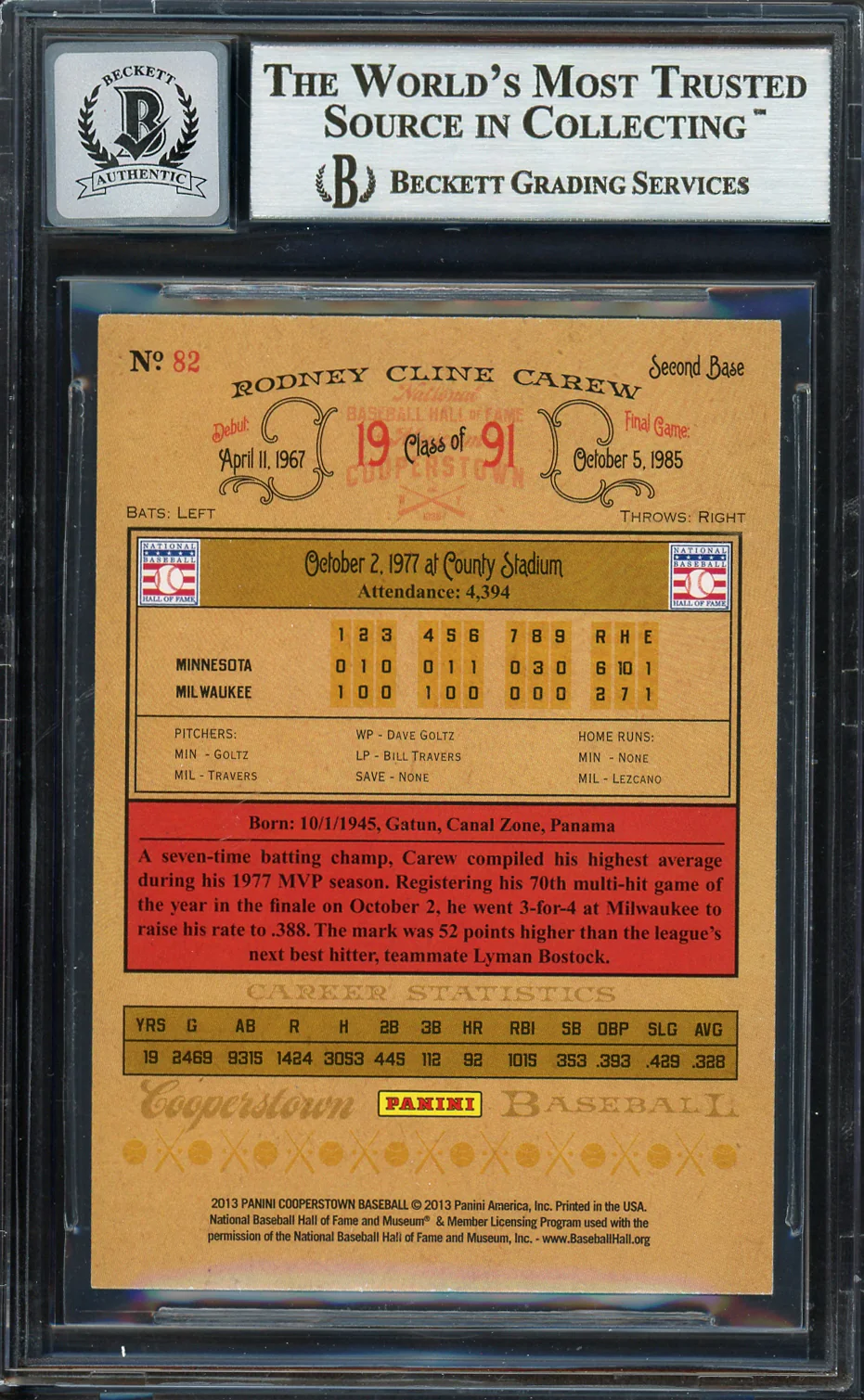 Rod Carew Autographed 2013 Panini Cooperstown Card #82 Minnesota Twins Auto Grade Gem Mint 10 Beckett BAS #12751892 - Image 2