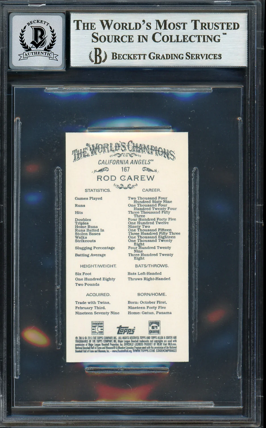 Rod Carew Autographed 2013 Topps Allen & Ginter Mini Card #167 California Angels Auto Grade Gem Mint 10 Beckett BAS #12751914 - Image 2