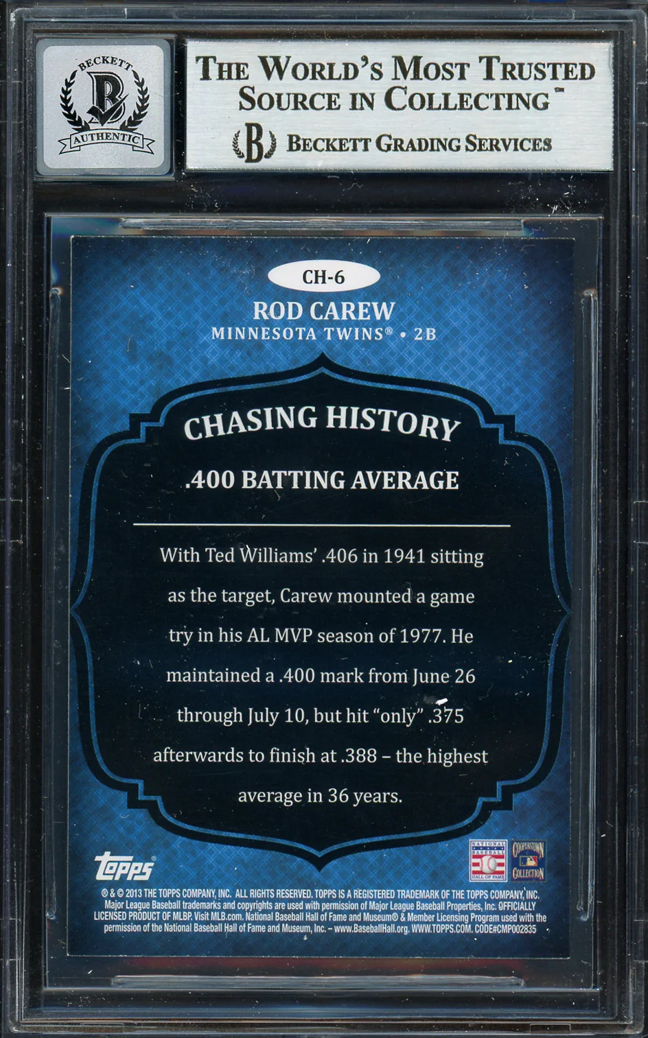 Rod Carew Autographed 2013 Topps Chasing History Card #CH-6 Minnesota Twins Auto Grade Gem Mint 10 Beckett BAS #12751925 - Image 2
