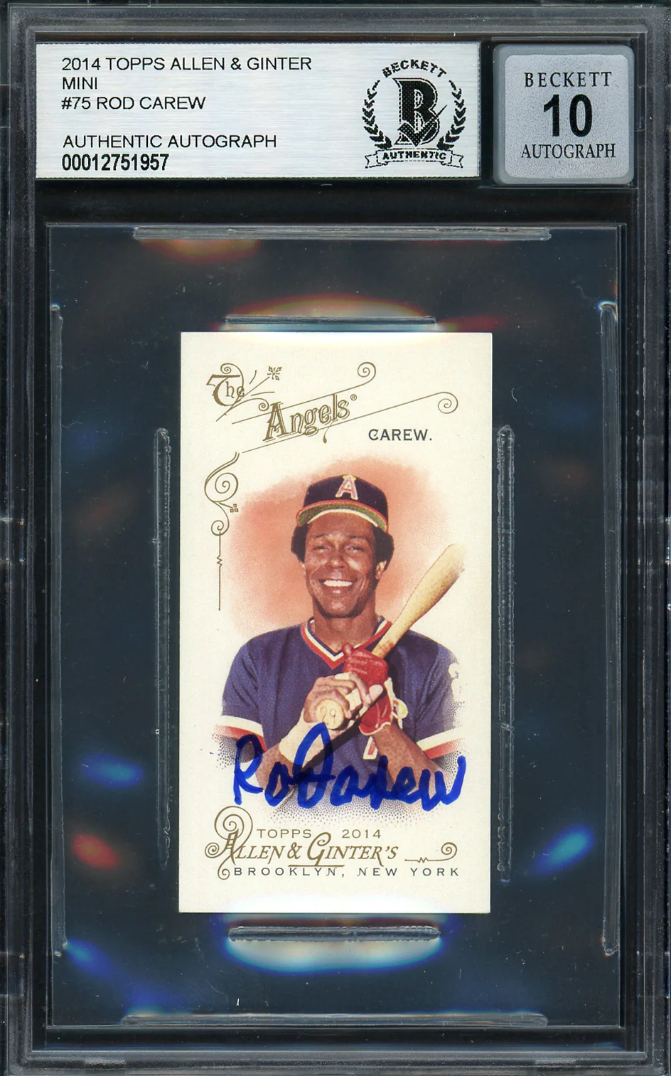 Rod Carew Autographed 2014 Topps Allen & Ginter Mini Card #75 California Angels Auto Grade Gem Mint 10 Beckett BAS #12751957