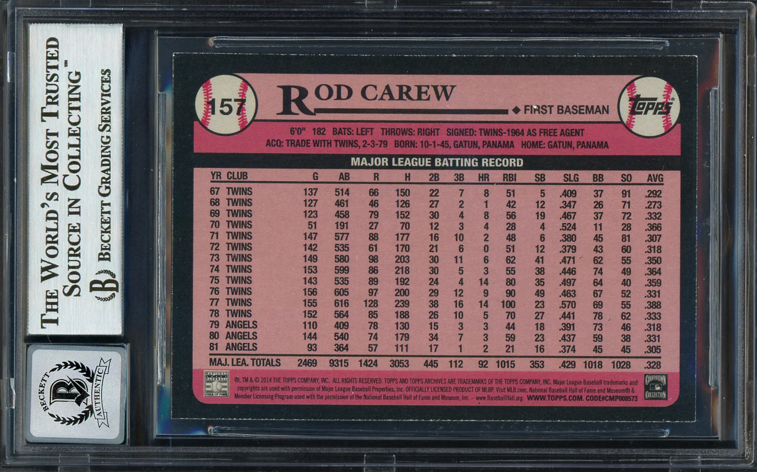 Rod Carew Autographed 2014 Topps Archives Card #157 California Angels Auto Grade Gem Mint 10 Beckett BAS #12751961 - Image 2