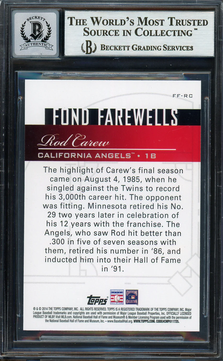 Rod Carew Autographed 2014 Topps Fond Farewells Card #FF-RC California Angels Auto Grade Gem Mint 10 Beckett BAS #12751962 - Image 2