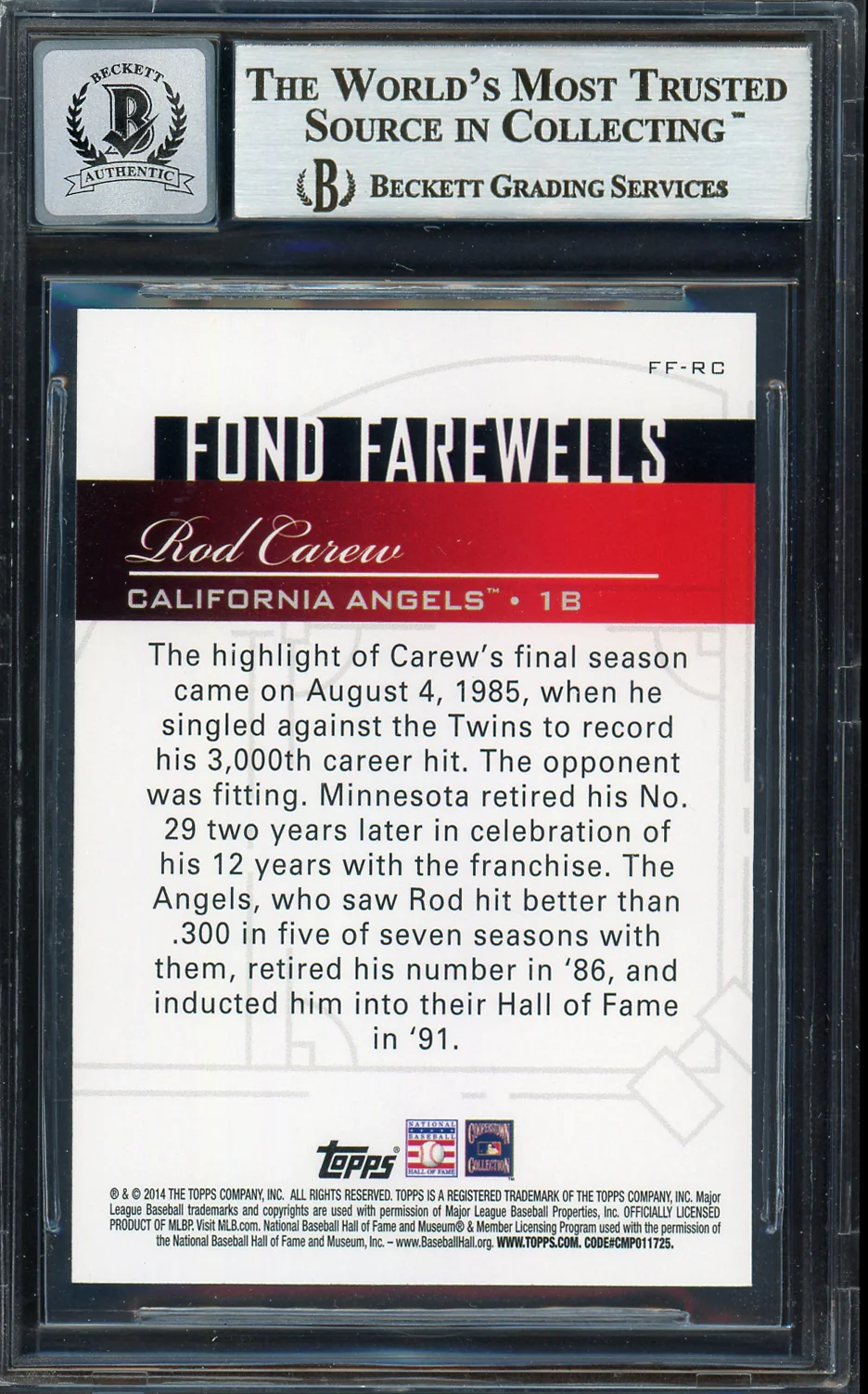 Rod Carew Autographed 2014 Topps Fond Farewells Card #FF-RC California Angels Auto Grade Gem Mint 10 Beckett BAS #12751963 - Image 2