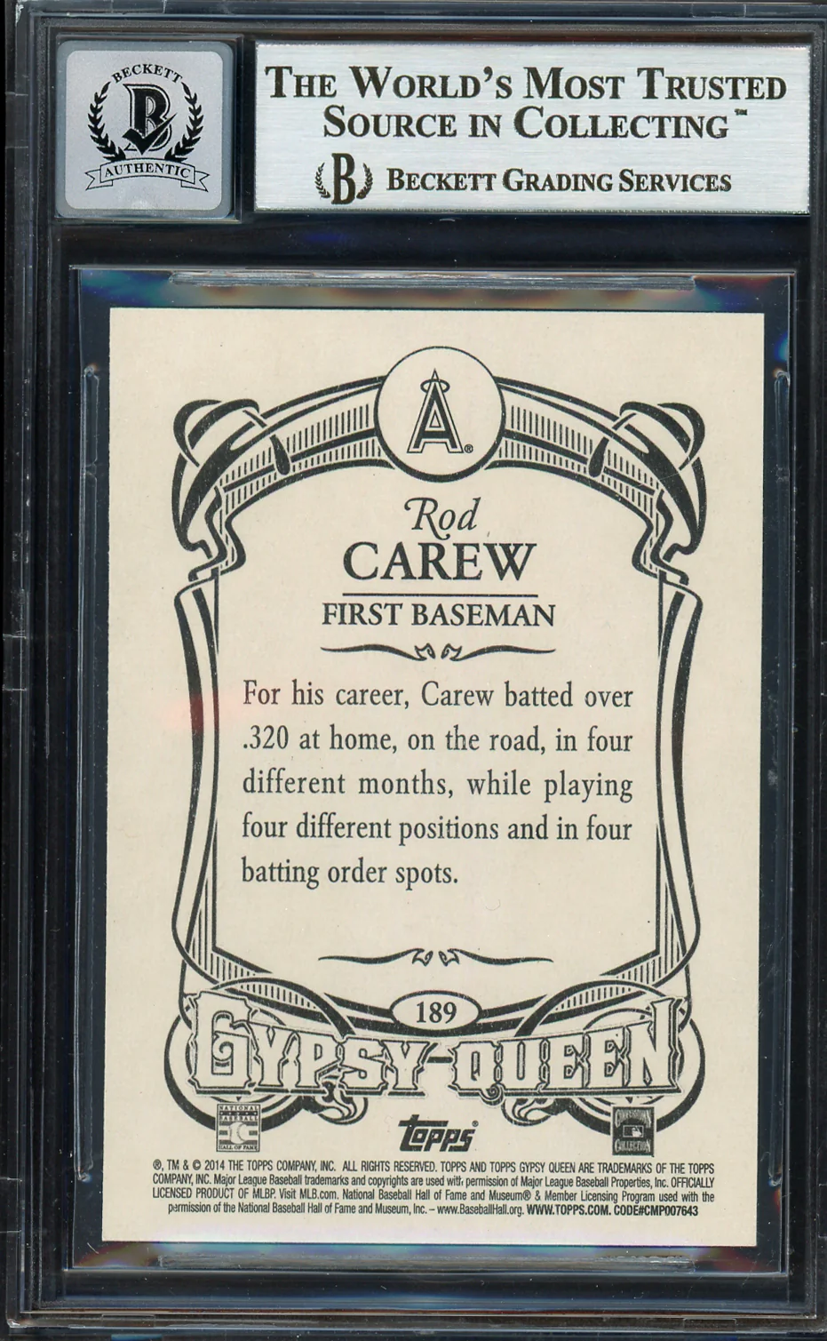 Rod Carew Autographed 2014 Topps Gypsy Queen Card #189 California Angels Auto Grade Gem Mint 10 Beckett BAS #12751966 - Image 2