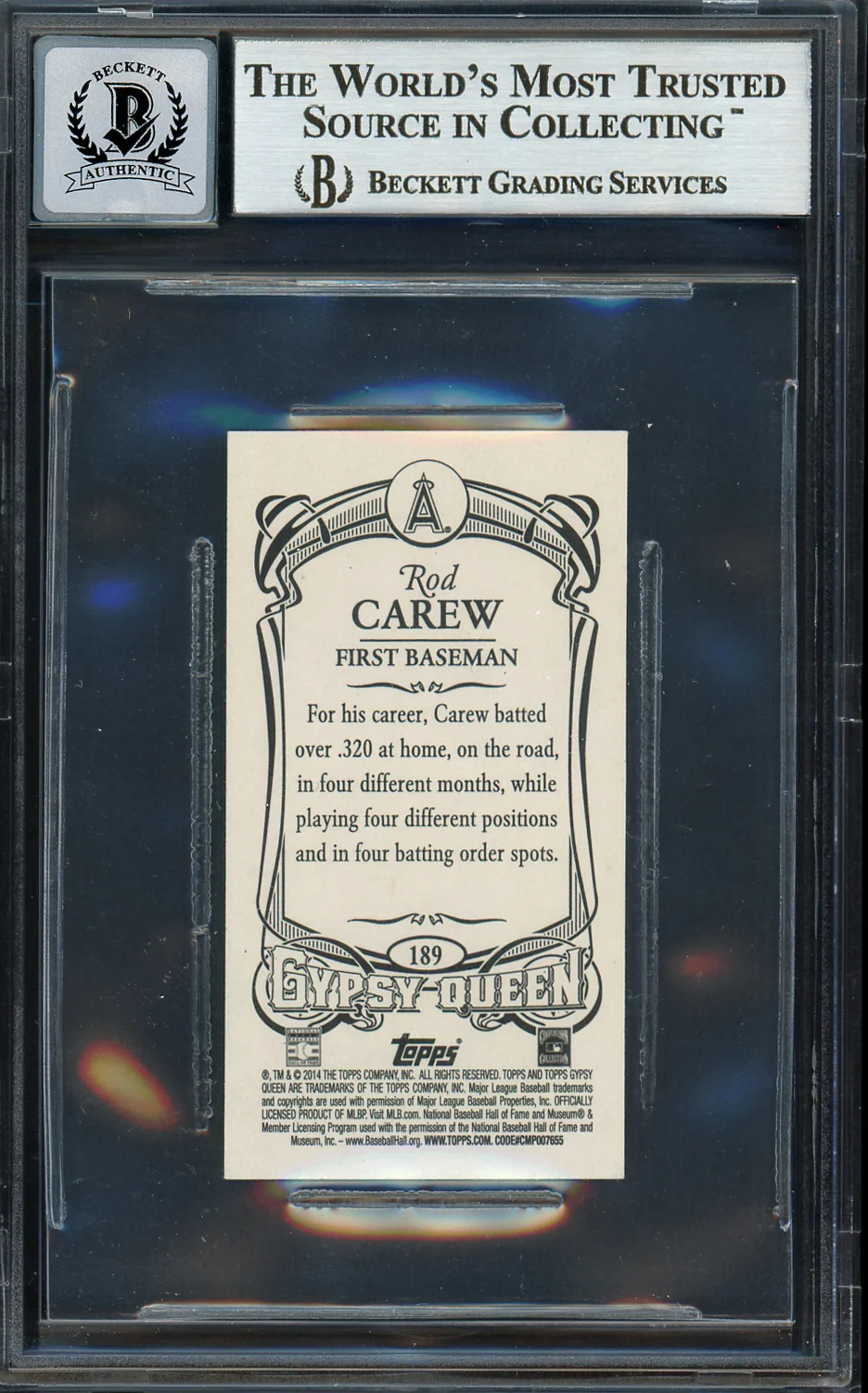 Rod Carew Autographed 2014 Topps Gypsy Queen Mini Card #189 California Angels Auto Grade Gem Mint 10 Beckett BAS #12751967 - Image 2