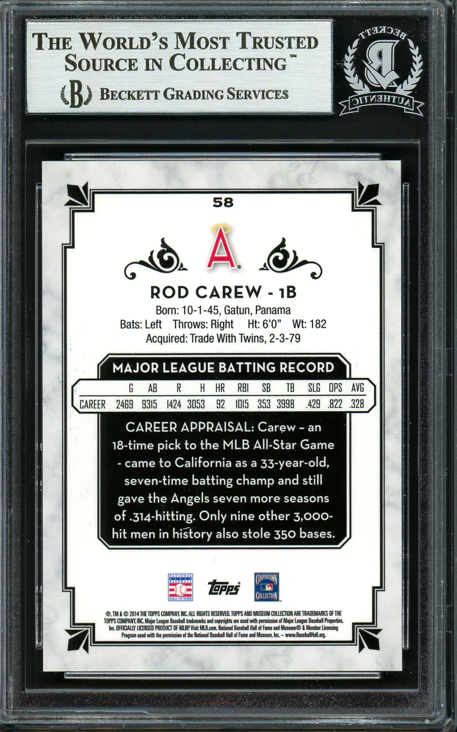 Rod Carew Autographed 2014 Topps Museum Collection Card #58 California Angels Beckett BAS #12754267 - Image 2