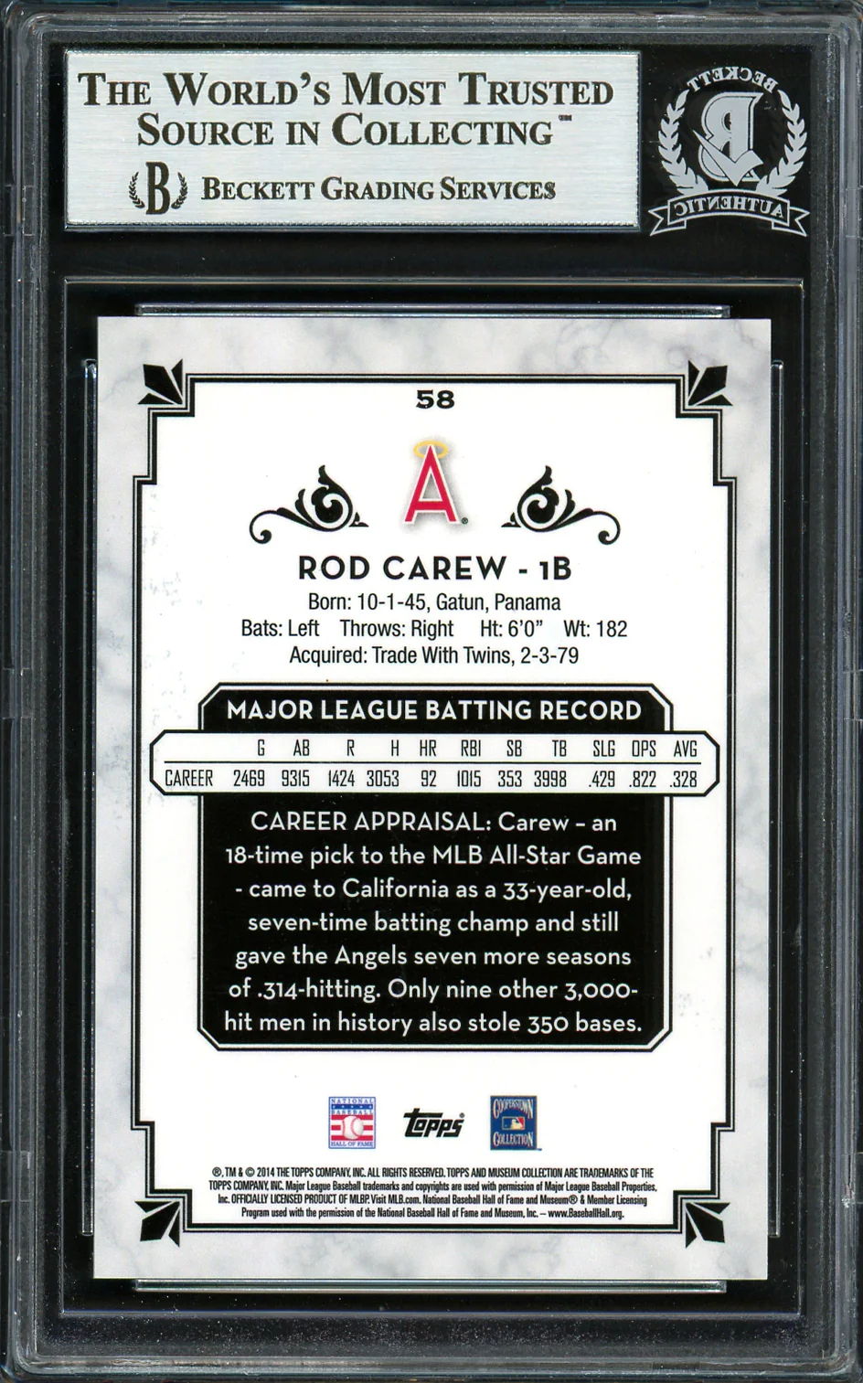 Rod Carew Autographed 2014 Topps Museum Collection Card #58 California Angels Beckett BAS #12754268 - Image 2