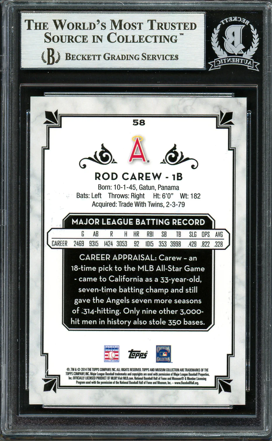 Rod Carew Autographed 2014 Topps Museum Collection Card #58 California Angels Beckett BAS #12754270 - Image 2