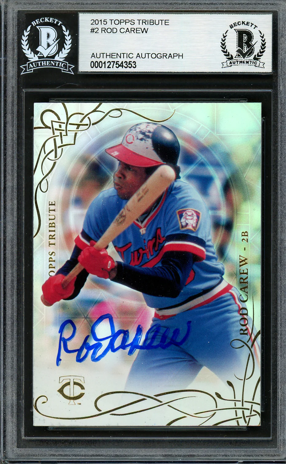 Rod Carew Autographed 2015 Topps Tribute Card #2 Minnesota Twins Beckett BAS #12754353