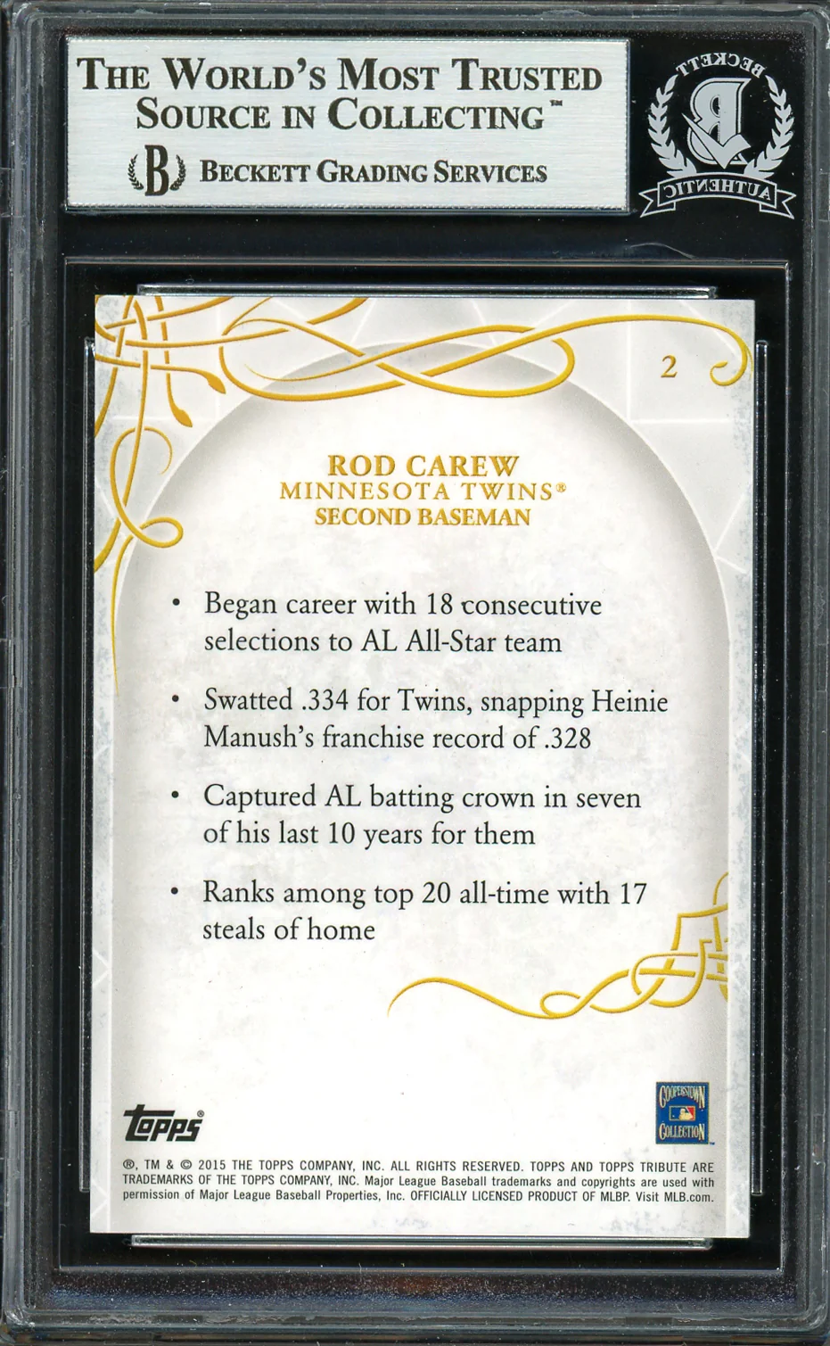 Rod Carew Autographed 2015 Topps Tribute Card #2 Minnesota Twins Beckett BAS #12754353 - Image 2