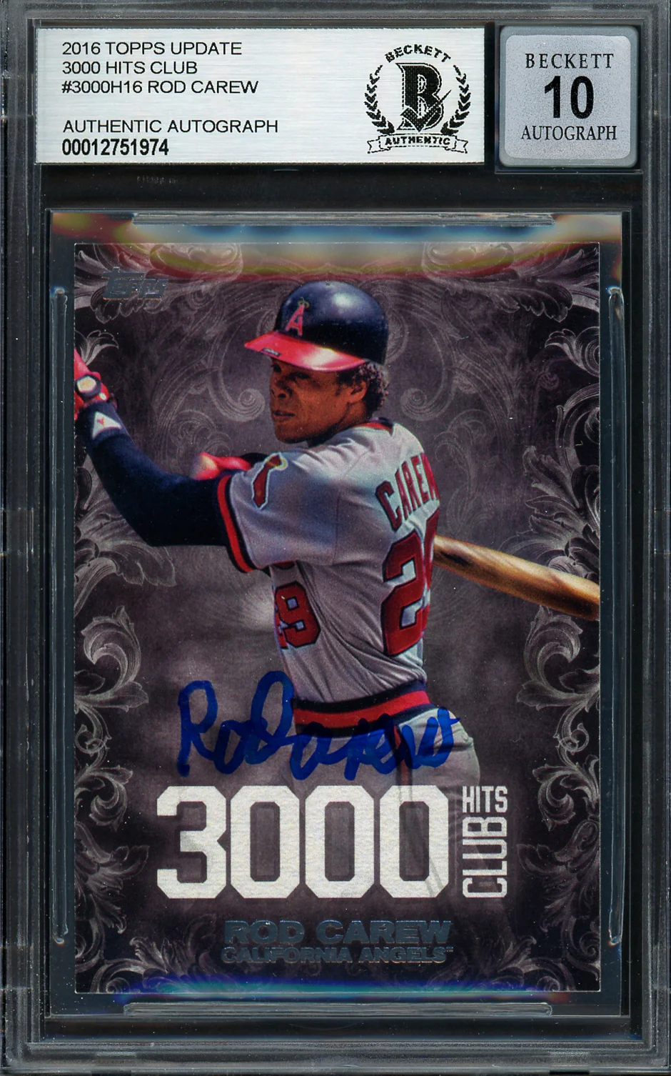 Rod Carew Autographed 2016 Topps 3000 Hit Club Card #3000H-16 California Angels Auto Grade Gem Mint 10 Beckett BAS Stock #192804