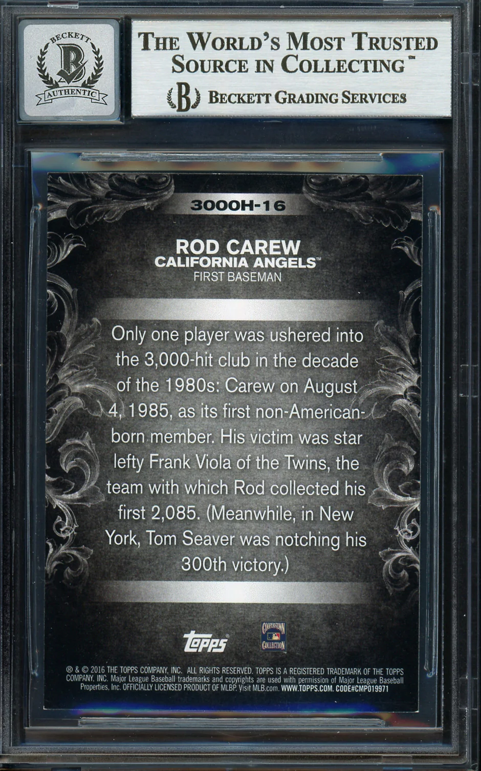 Rod Carew Autographed 2016 Topps 3000 Hit Club Card #3000H-16 California Angels Auto Grade Gem Mint 10 Beckett BAS Stock #192804 - Image 2