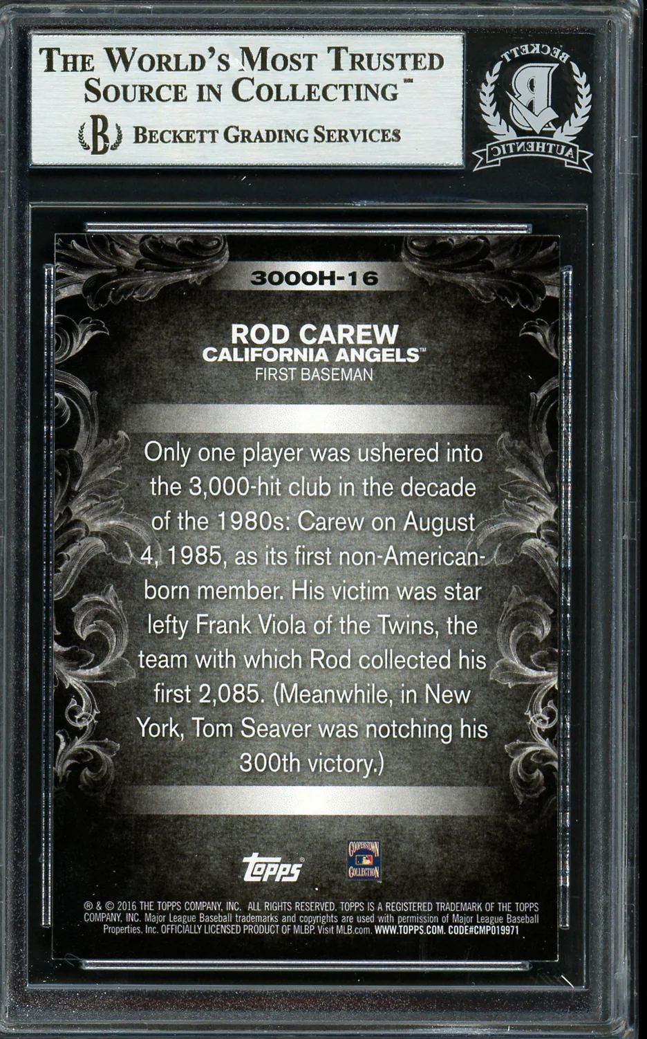 Rod Carew Autographed 2016 Topps 3000 Hit Club Card #3000H-16 California Angels Beckett BAS Stock #193373 - Image 2