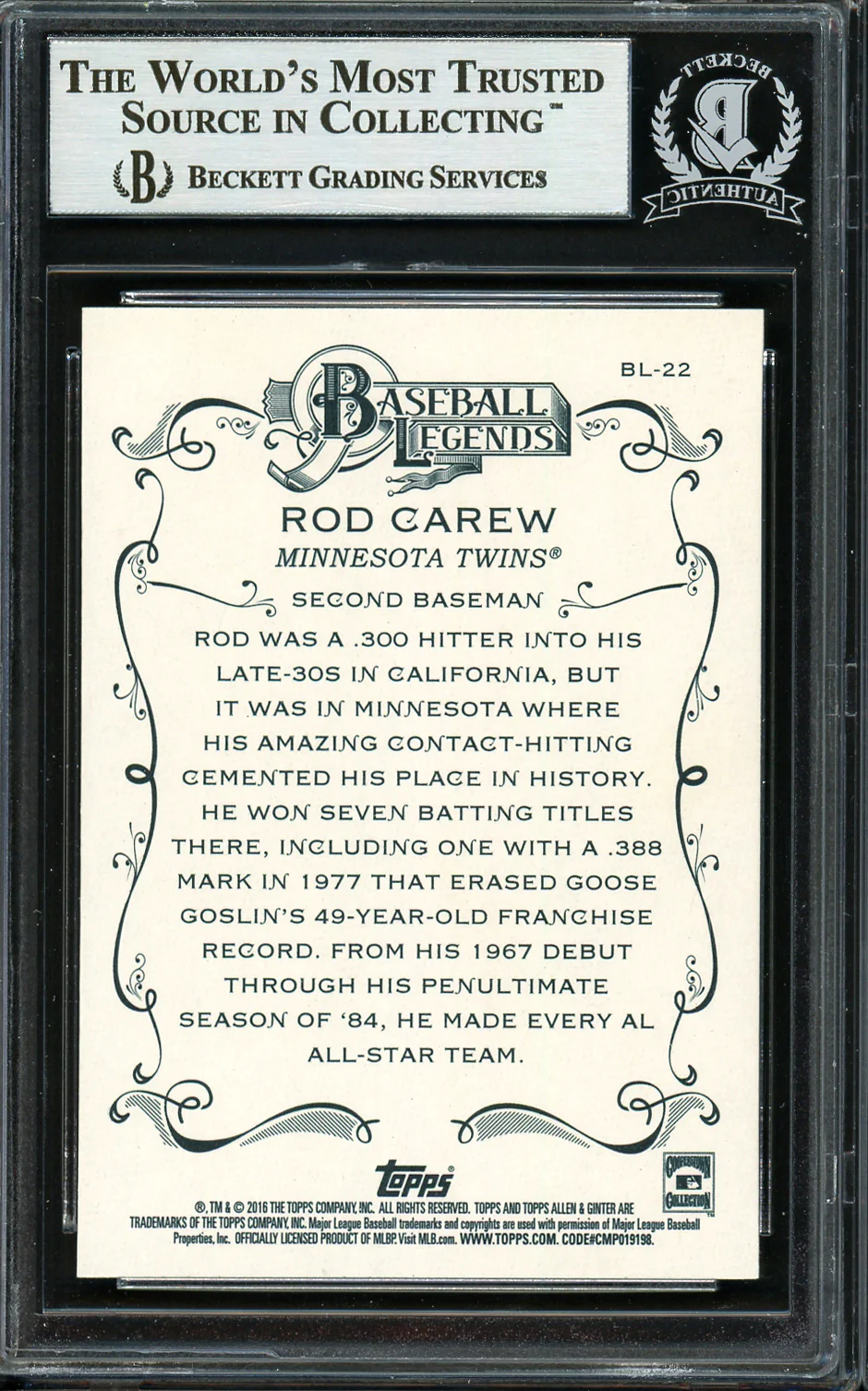 Rod Carew Autographed 2016 Topps Allen & Ginter Baseball's Legends Card #BL-22 Minnesota Twins Beckett BAS Stock #193374 - Image 2