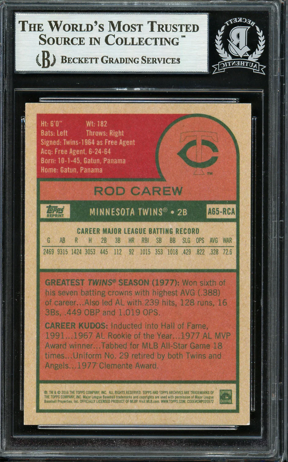 Rod Carew Autographed 2016 Topps Archives 65th Anniversary Card #A65-RCA Minnesota Twins Beckett BAS #12754387 - Image 2