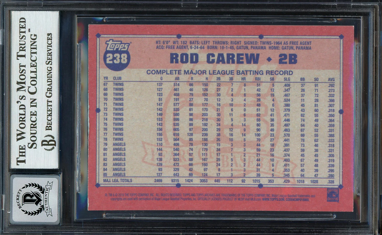 Rod Carew Autographed 2016 Topps Archives Card #238 Minnesota Twins Auto Grade Gem Mint 10 Beckett BAS Stock #192806 - Image 2