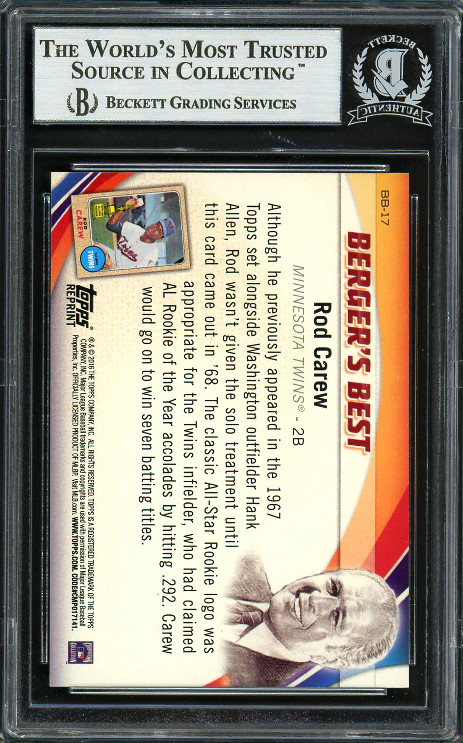 Rod Carew Autographed 2016 Topps Berger's Best Card #BB-17 Minnesota Twins Beckett BAS #12754388 - Image 2