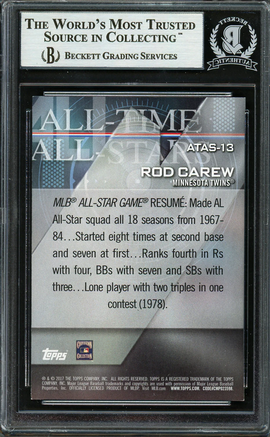 Rod Carew Autographed 2017 Topps All Time All Star Card #ATAS-13 Minnesota Twins Beckett BAS #12754477 - Image 2
