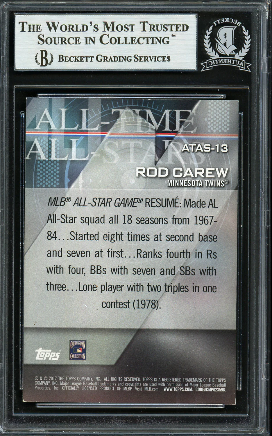 Rod Carew Autographed 2017 Topps All Time All Star Card #ATAS-13 Minnesota Twins Beckett BAS #12754478 - Image 2