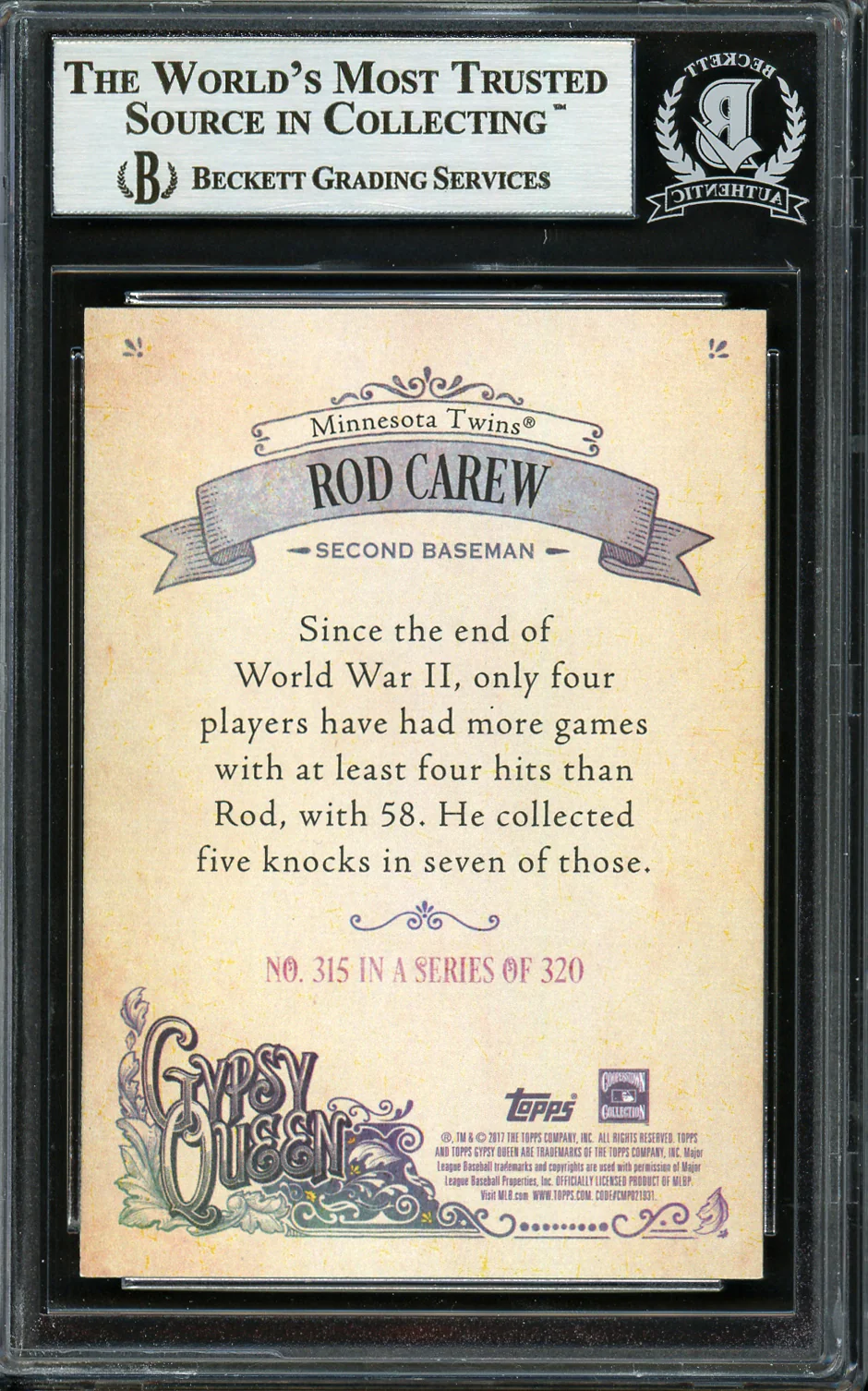 Rod Carew Autographed 2017 Topps Gypsy Queen Card #315 Minnesota Twins Beckett BAS #12754479 - Image 2