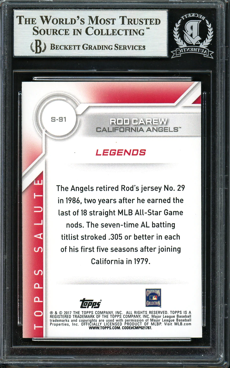 Rod Carew Autographed 2017 Topps Salute Card #S-91 California Angels Beckett BAS #12754483 - Image 2