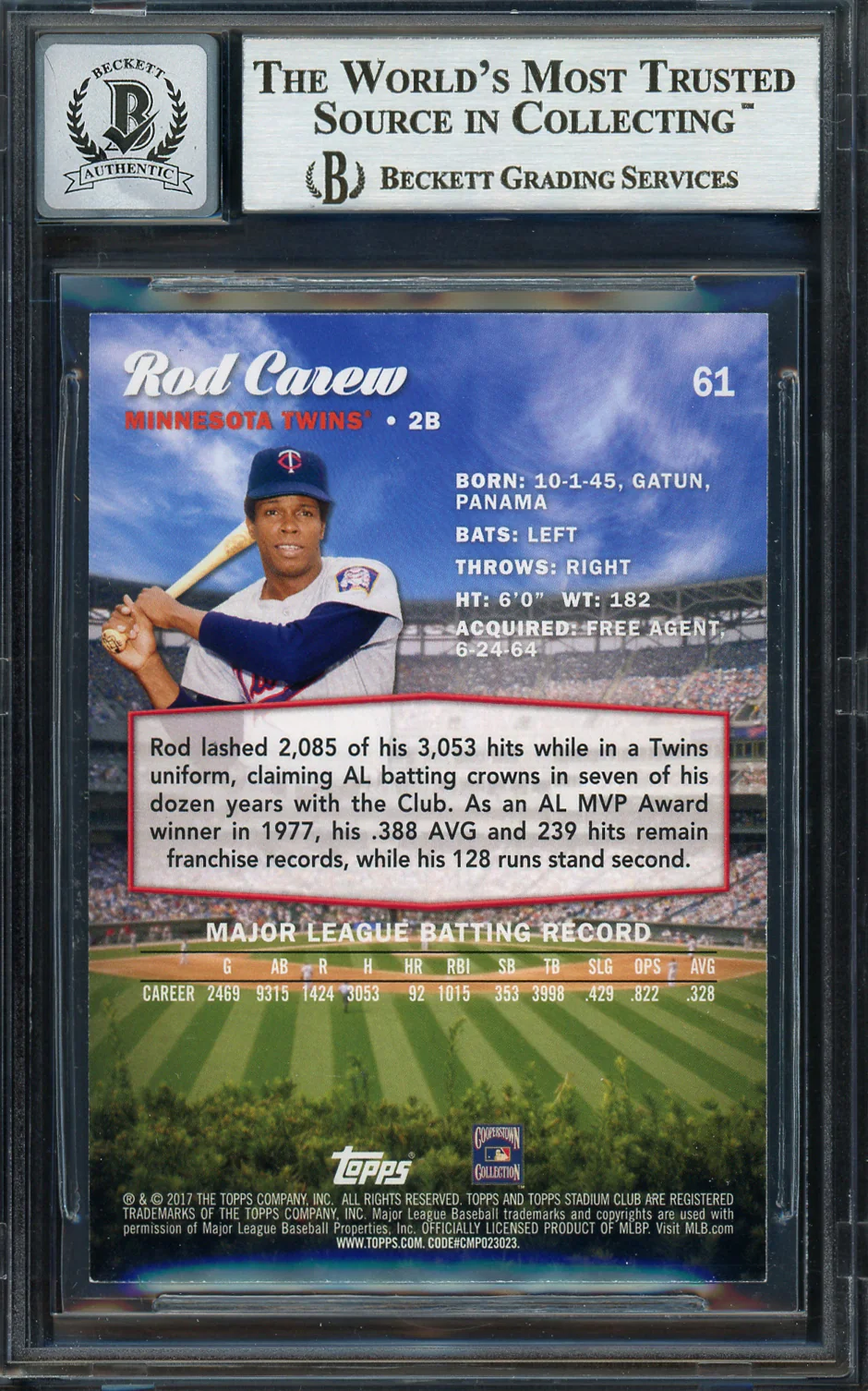 Rod Carew Autographed 2017 Topps Stadium Club Card #61 Minnesota Twins Auto Grade Gem Mint 10 Beckett BAS #12752000 - Image 2