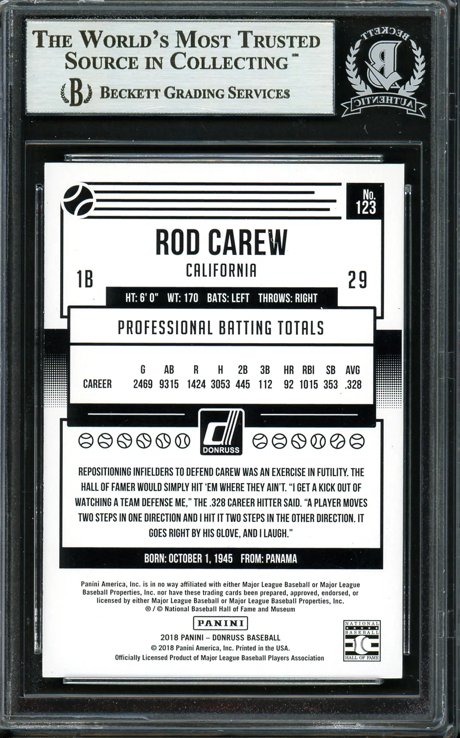 Rod Carew Autographed 2018 Donruss Black & White Card #123 Minnesota Twins Beckett BAS #12754489 - Image 2