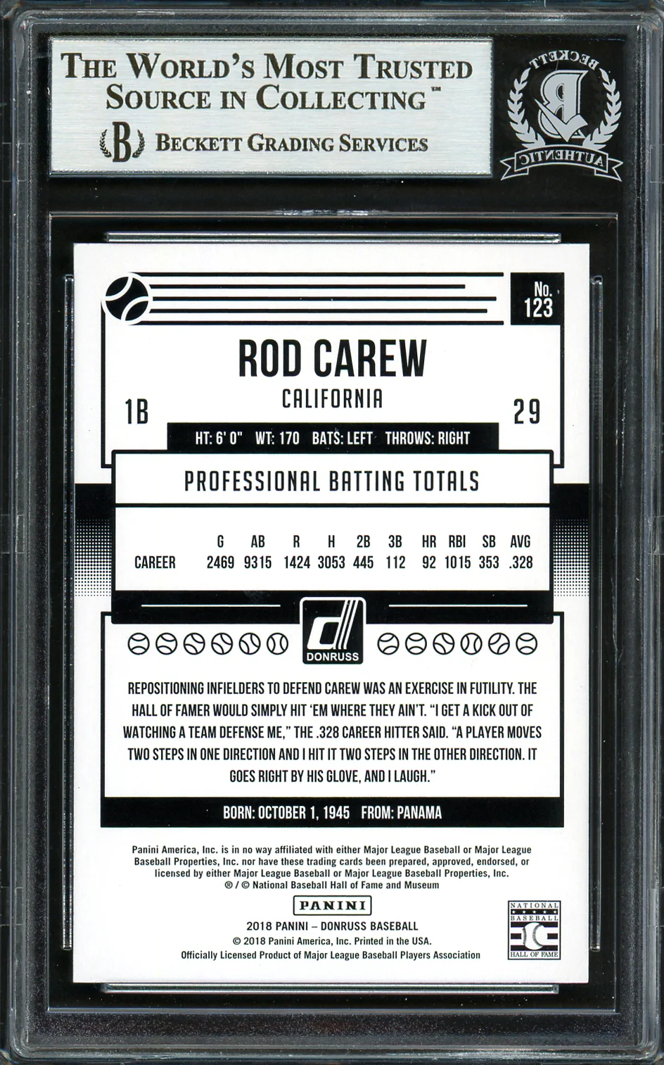Rod Carew Autographed 2018 Donruss Black & White Card #123 Minnesota Twins Beckett BAS #12754490 - Image 2