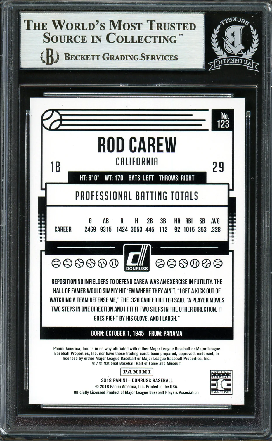 Rod Carew Autographed 2018 Donruss Card #123 Minnesota Twins Beckett BAS #12754486 - Image 2