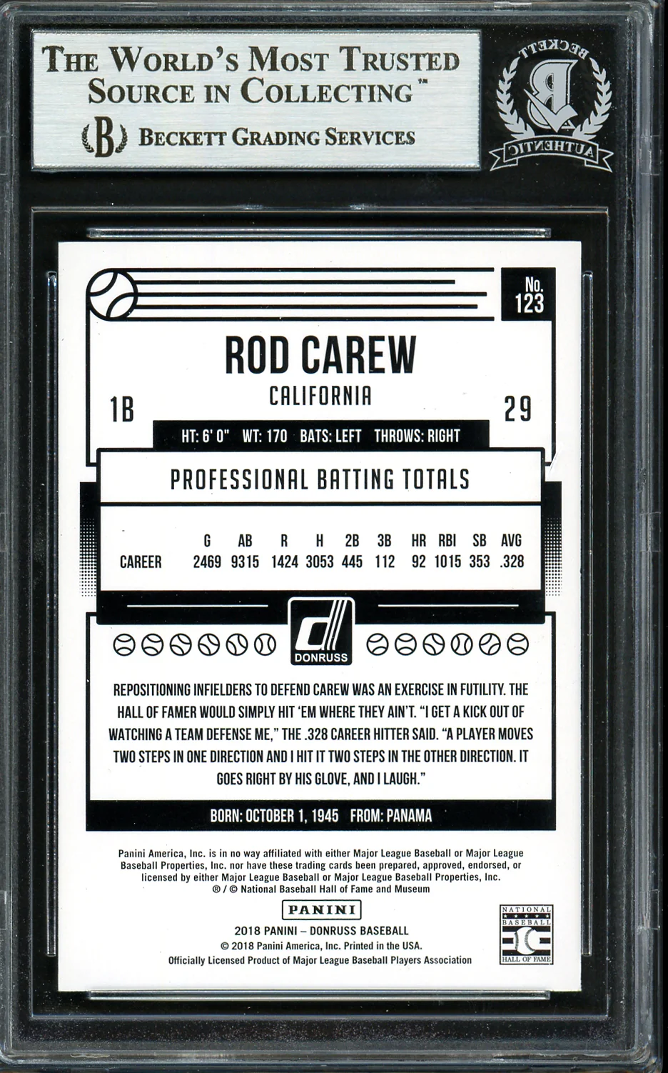 Rod Carew Autographed 2018 Donruss Card #123 Minnesota Twins Beckett BAS #12754488 - Image 2