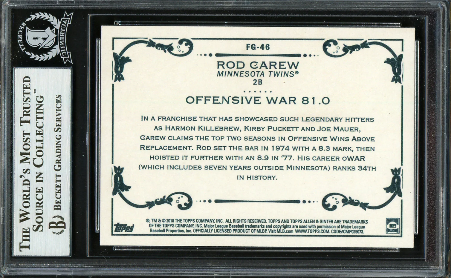 Rod Carew Autographed 2018 Topps Allen & Ginter Fantasy Goldmine Card #FG-46 Minnesota Twins Beckett BAS #12754491 - Image 2